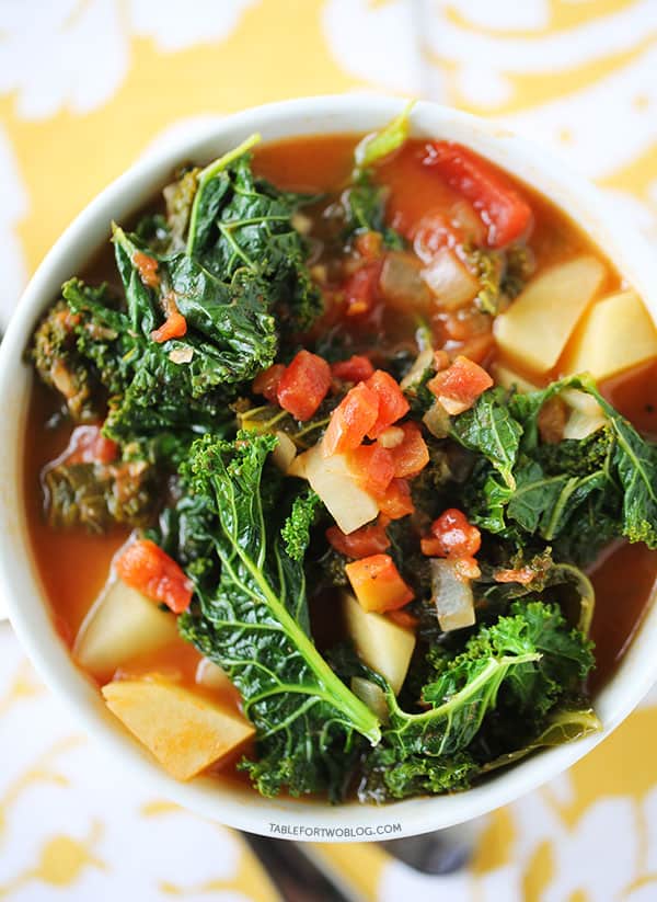 Tomato, kale, and potato soup is a perfectly hearty and healthy soup that is chock full of veggies!