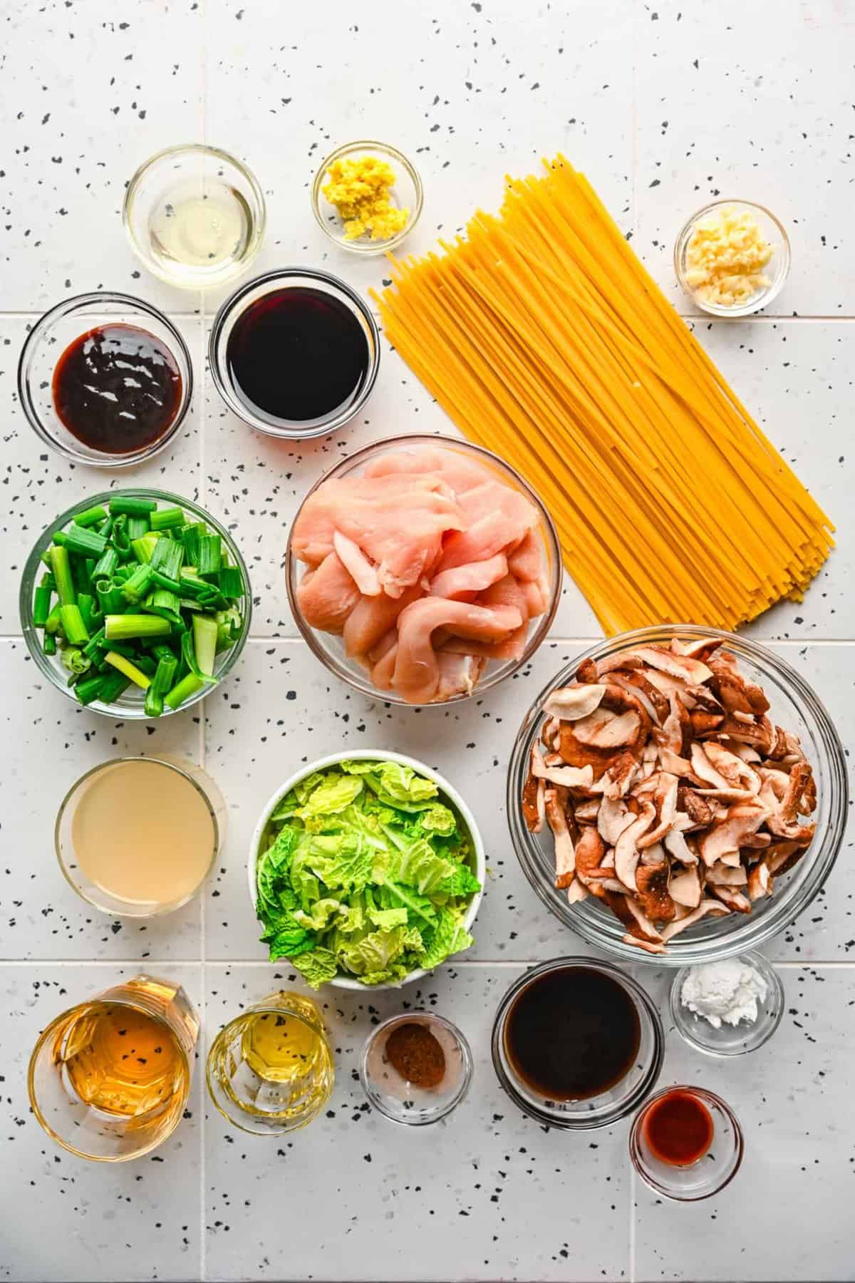 The ingredients for homemade chicken lo mein.