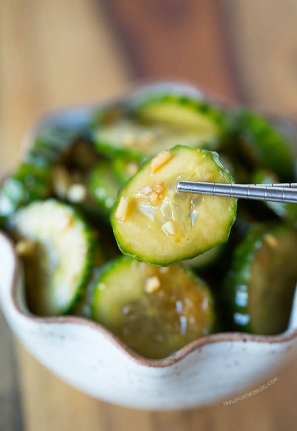 These chilled garlic soy cucumbers are a refreshing snack for any hot summer day! Make a batch to accompany your next summer meal!