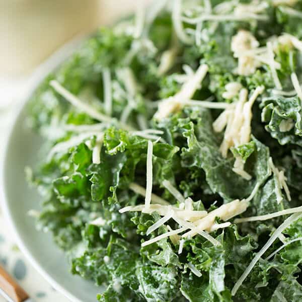 Lightened Up Kale Caesar Salad on tablefortwoblog.com