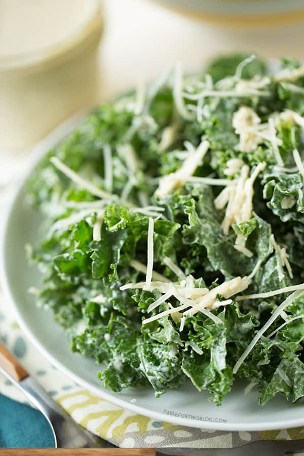 Lightened Up Kale Caesar Salad on tablefortwoblog.com