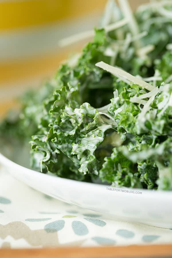 Lightened Up Kale Caesar Salad on tablefortwoblog.com