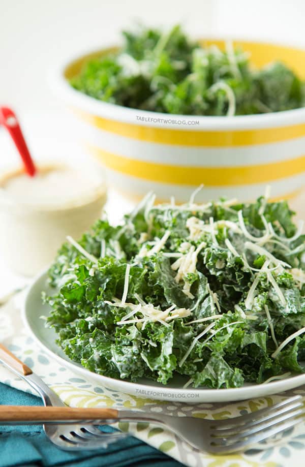 Lightened Up Kale Caesar Salad on tablefortwoblog.com