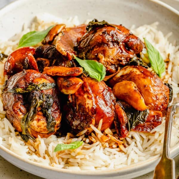 Bowl of rice topped with three cup chicken