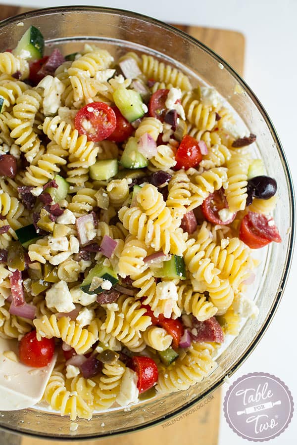 This chilled Mediterranean pasta salad comes together in no time! Perfect for warm days and parties!