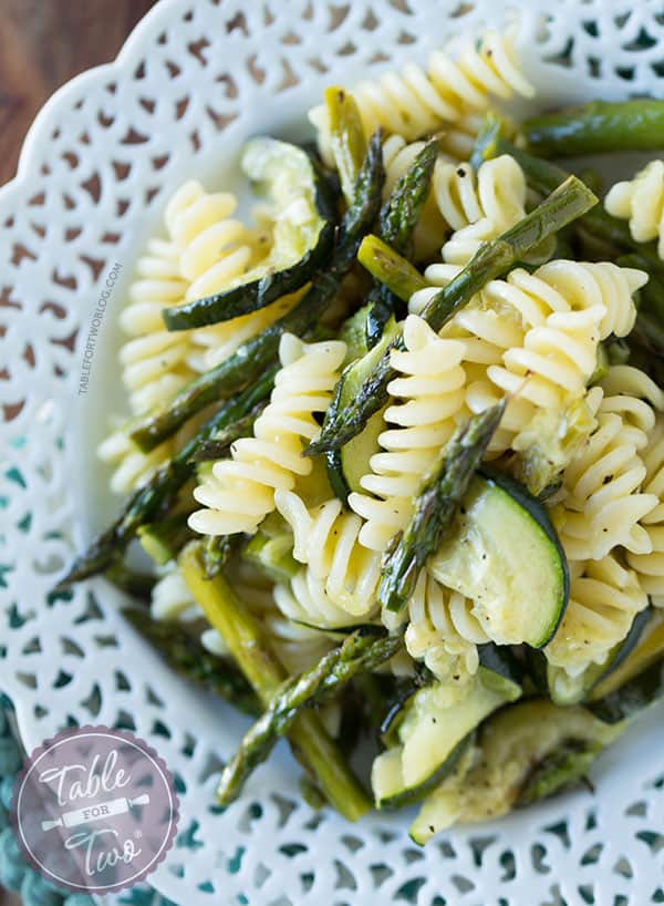 A quick and easy grilled asparagus and zucchini pasta for summertime dinners!