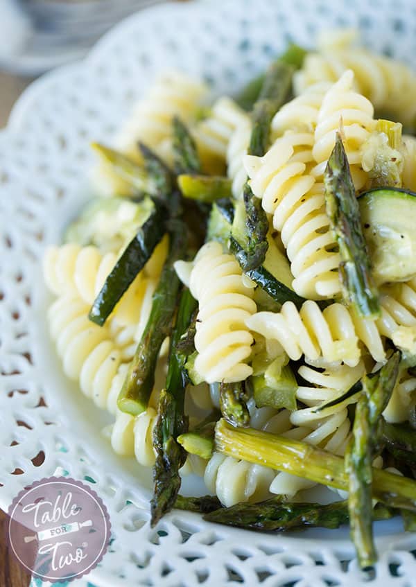 A simple grilled asparagus and zucchini pasta for summertime dinners!