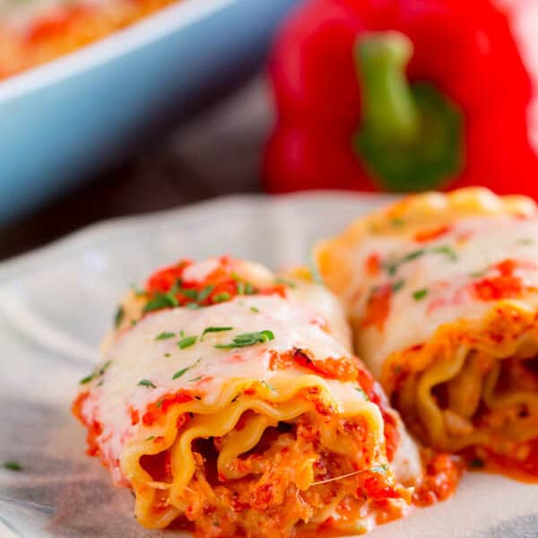 Roasted Red Pepper Chicken Lasagna Rolls | Table for Two® by Julie Chiou