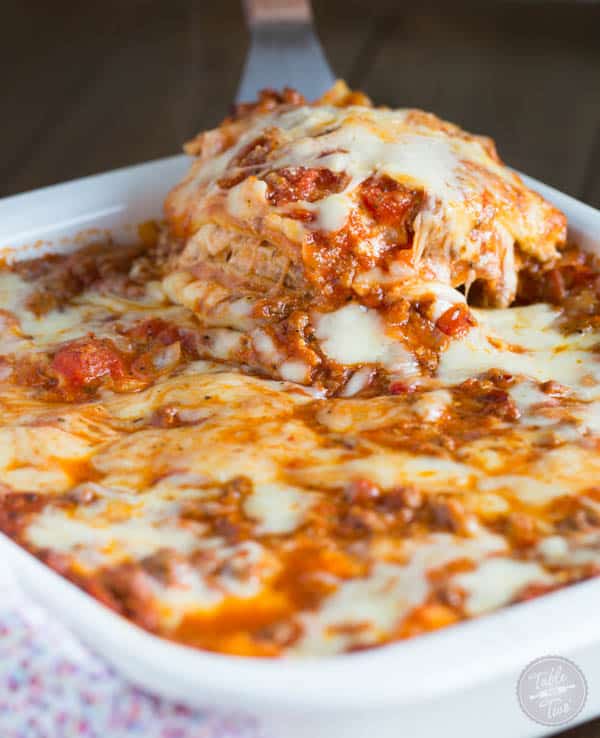 Spicy meaty lasagna is the perfect party casserole! This is a crowd-pleaser! Don't expect to leave with anything left in your casserole dish :)