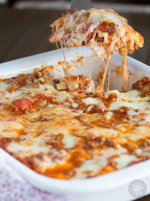 Spicy meaty lasagna is the perfect party casserole! This is a crowd-pleaser! Don't expect to leave with anything left in your casserole dish :)