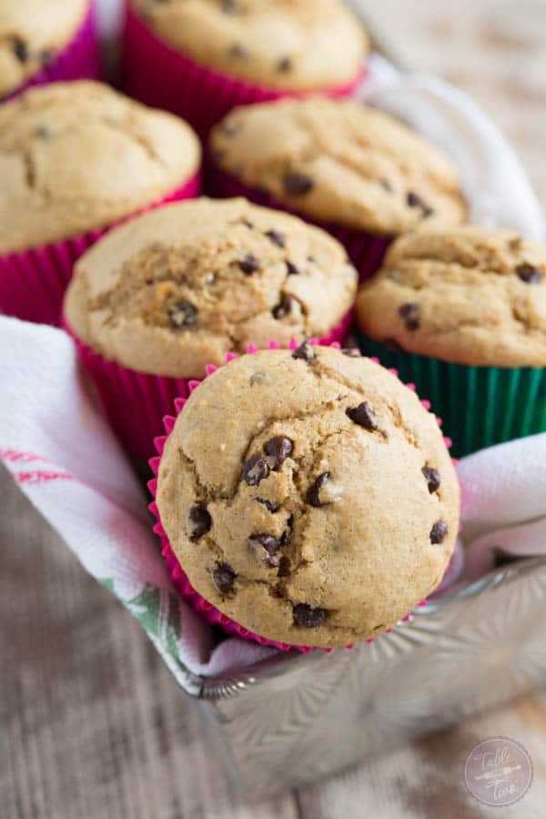 There's a secret to these fluffy whole wheat blend chocolate chip muffins! They're healthier but there's no sacrifice in taste!