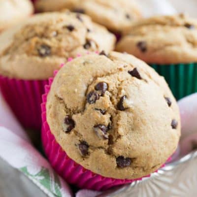There's a secret to these fluffy whole wheat blend chocolate chip muffins! They're healthier but there's no sacrifice in taste!