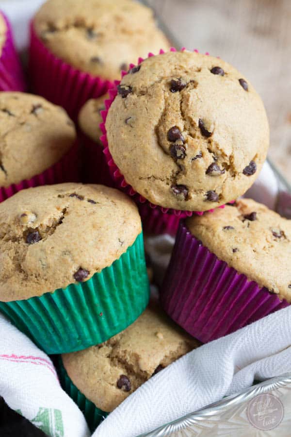 There's a secret to these fluffy whole wheat blend chocolate chip muffins! You're going to love these healthier muffins!