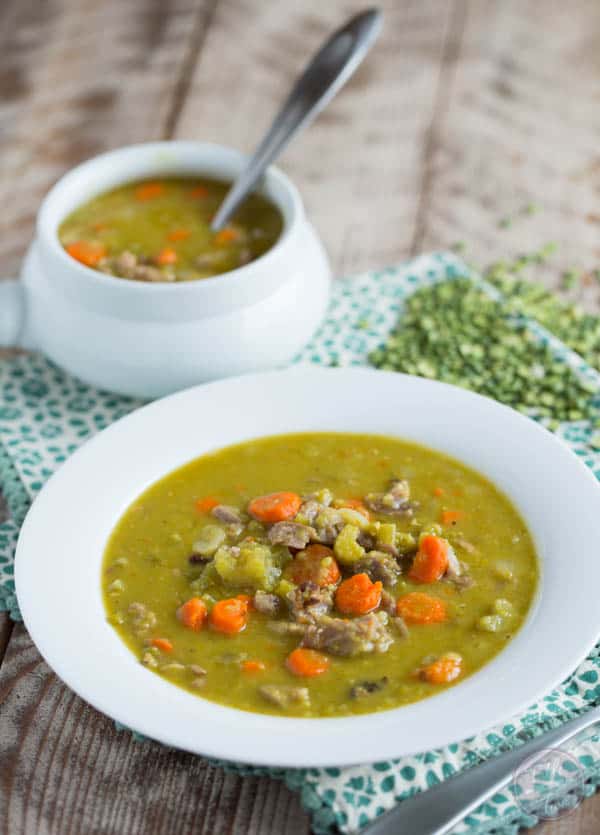 Traditional split pea soup has nothing on this slow cooker smokey ham and split pea soup! It's seriously got the most amazing smokey flavor and so easy to throw together!