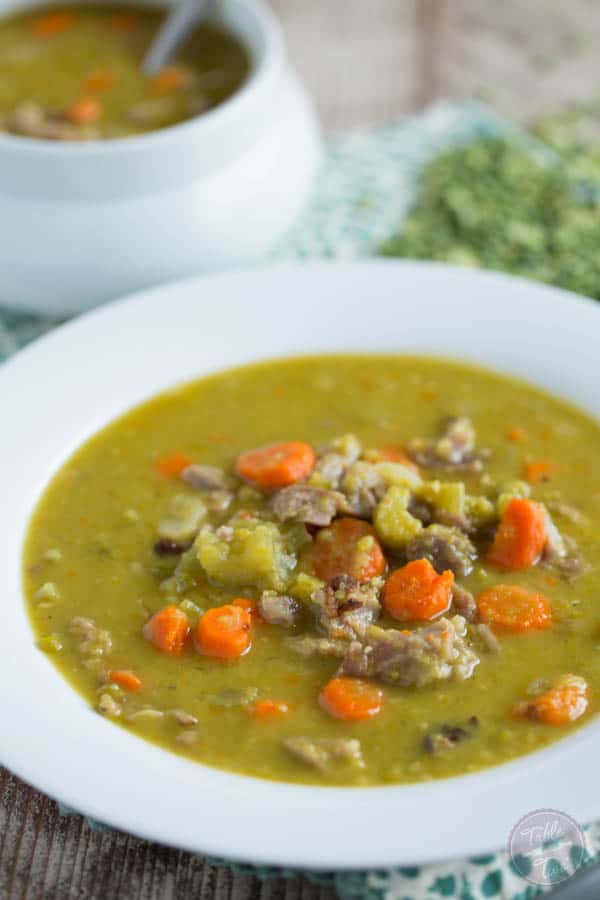 Traditional split pea soup has nothing on this slow cooker smokey ham and split pea soup! It's seriously got the most amazing smokey flavor and so easy to throw together!