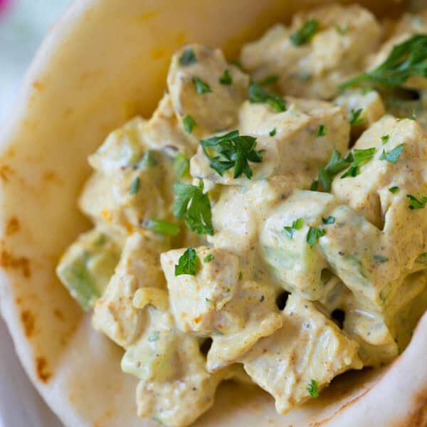 Curry chicken salad is the perfect side item to have at any gathering, especially one that is going to be a bit on the warm side! The cold curry chicken salad will be a refreshing bite!