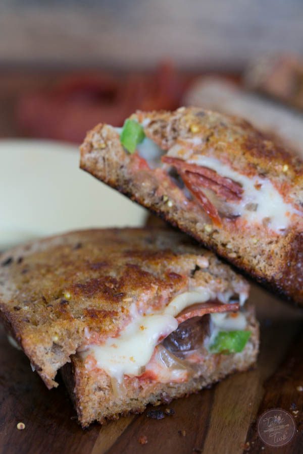 A loaded pepperoni pizza in grilled cheese form!