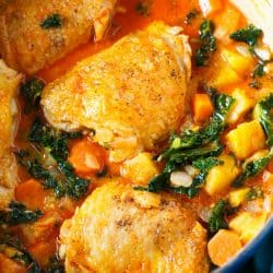 This coconut harissa curry braised chicken has the most amazing flavor trifecta! The perfect paleo dinner option to keep on your menu! Best of all? It's one-pot!