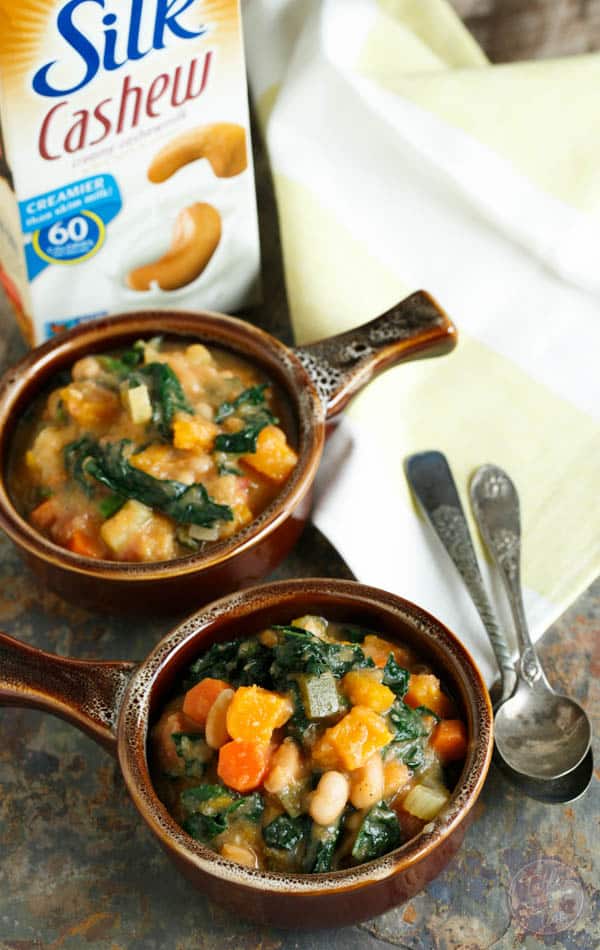 Warm up for game time with this butternut squash white bean kale stew! This recipe is full of hearty veggies! Can we say touchdown?! #MeatlessMondayNight #ad