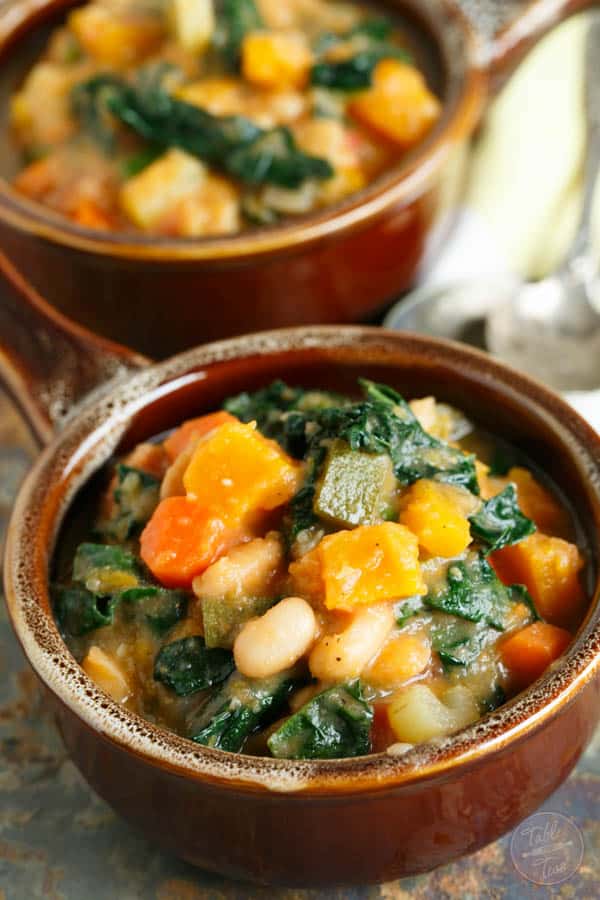 Warm up for game time with this dairy-free and meatless butternut squash white bean kale stew! This recipe is full of hearty veggies! Can we say touchdown?! #MeatlessMondayNight #ad #dairyfree