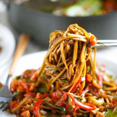 This easy zucchini noodle cashew stir fry made with The Inspiralizer will have you licking your plate clean! Dinner comes together in less than 30 minutes and you'll want to put this sauce on every meal! #inspiralizer
