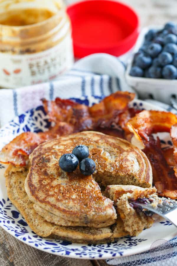 Blueberry peanut butter pancakes for two are the perfect breakfast for you and yours! They make just the right amount so you won't be stuck with leftovers and they're gluten-free and bursting full of fresh blueberries!