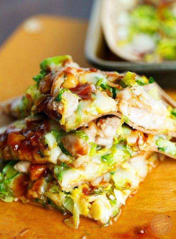 The flavors of this Sriracha BBQ Chicken, Leek, and Brussels Sprouts Pizza will have you coming back for more! Made even easier with soft flour tortillas instead of pizza dough!