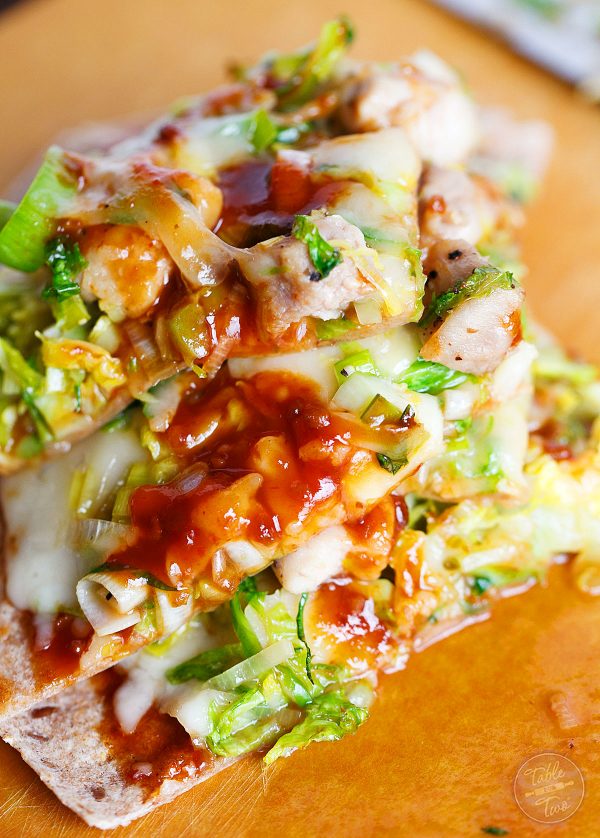 The flavors of this Sriracha BBQ Chicken, Leek, and Brussels Sprouts Pizza will have you coming back for more! Made even easier with soft flour tortillas instead of pizza dough!
