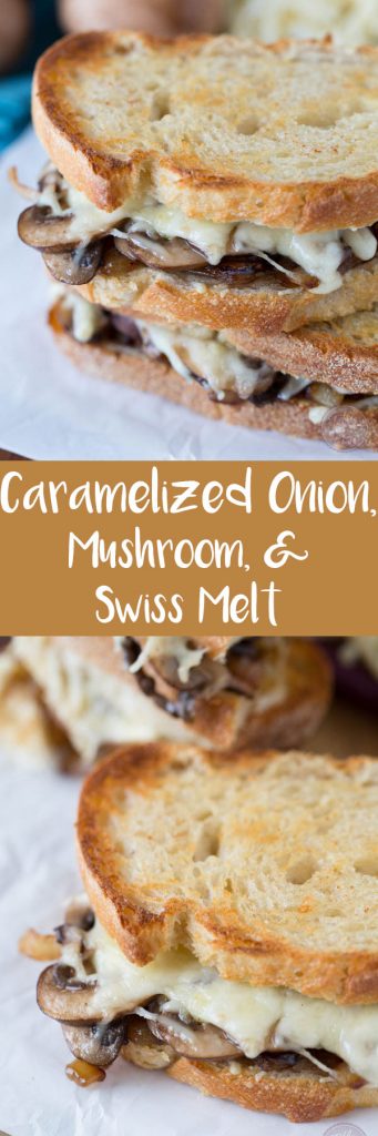 An easy sandwich to put together but the flavors will make it seem as if you spent all day making it! The caramelized onions bring a sweet and unique flavor that helps make this sandwich irresistible! Get this caramelized onion, mushroom, and swiss cheese melt on your table!