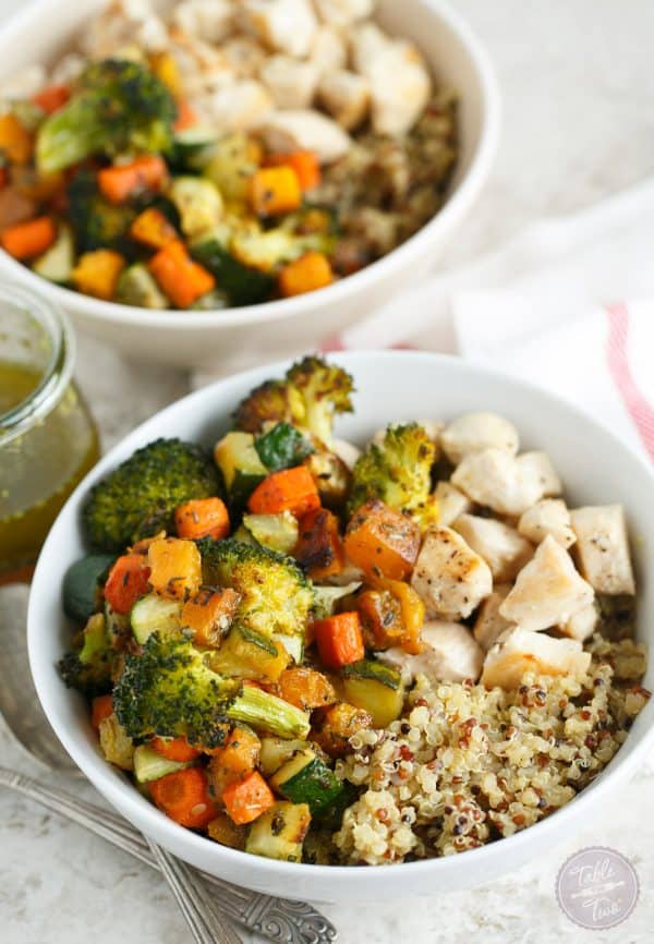 A fun way to eat your veggies and favorite grain and protein in one large bowl!