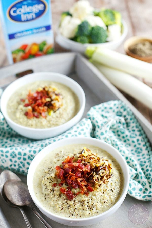 This simple roasted broccoli and cauliflower soup with crispy leeks and bacon will be your new favorite soup to warm you right up! So much flavor and it could not be simpler to make!