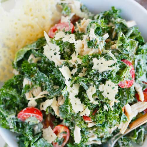 sweet green caesar dressing Shredded Chicken Kale Caesar Salad with Parmesan Crisps