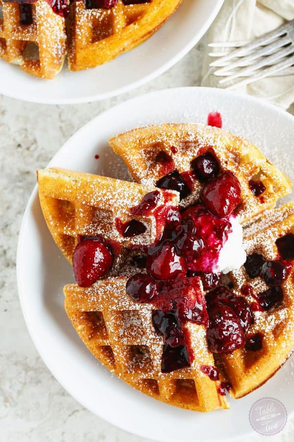 You'll never make waffles any other way again after you've tried these yeasted berry waffles. The yeasted waffles are ultra light, crispy, & even custardy! You will want to make a giant batch of this mix for future brunches!