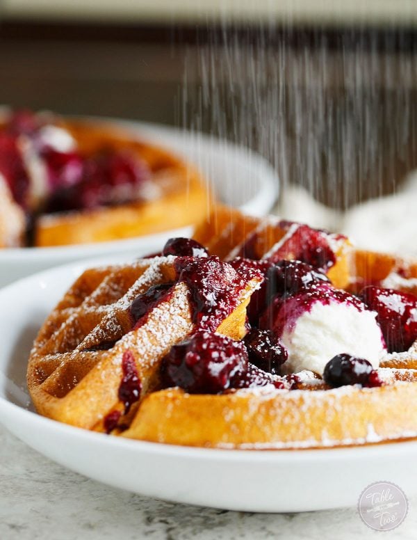 You'll never make waffles any other way again after you've tried these yeasted berry waffles. The yeasted waffles are ultra light, crispy, & even custardy! You will want to make a giant batch of this mix for future brunches!