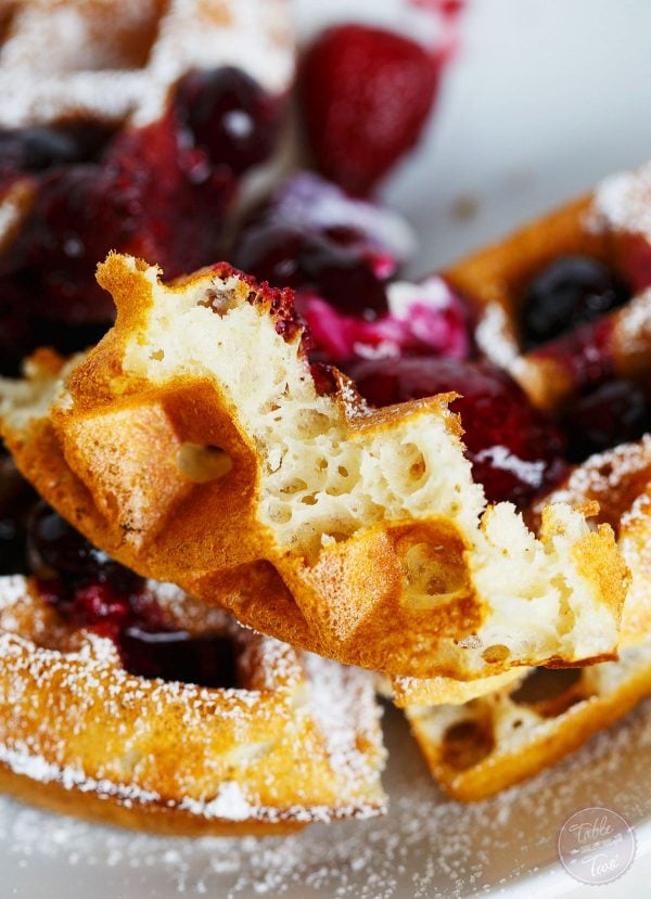 You'll never make waffles any other way again after you've tried these yeasted berry waffles. The yeasted waffles are ultra light, crispy, & even custardy! You will want to make a giant batch of this mix for future brunches!