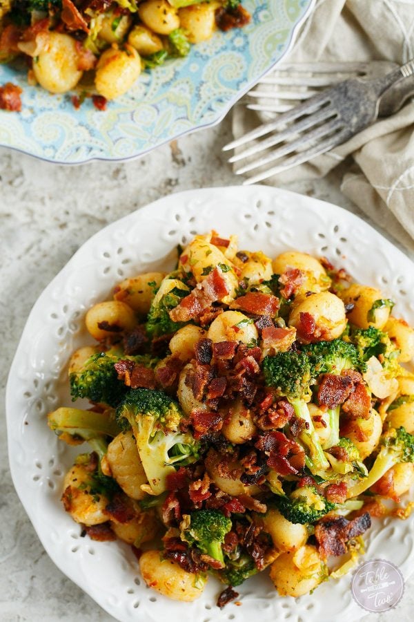 If you have 25 minutes then have enough time to make this quick weeknight dinner entree of bacon gnocchi with broccoli and shaved brussels!