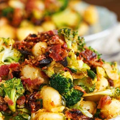 If you have 25 minutes then have enough time to make this quick weeknight dinner entree of bacon gnocchi with broccoli and shaved brussels!