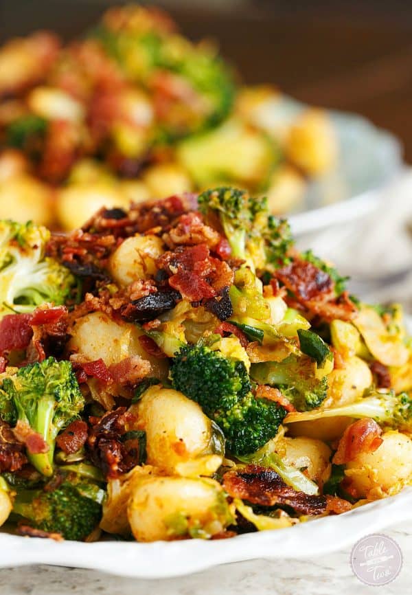 If you have 25 minutes then have enough time to make this quick weeknight dinner entree of bacon gnocchi with broccoli and shaved brussels!