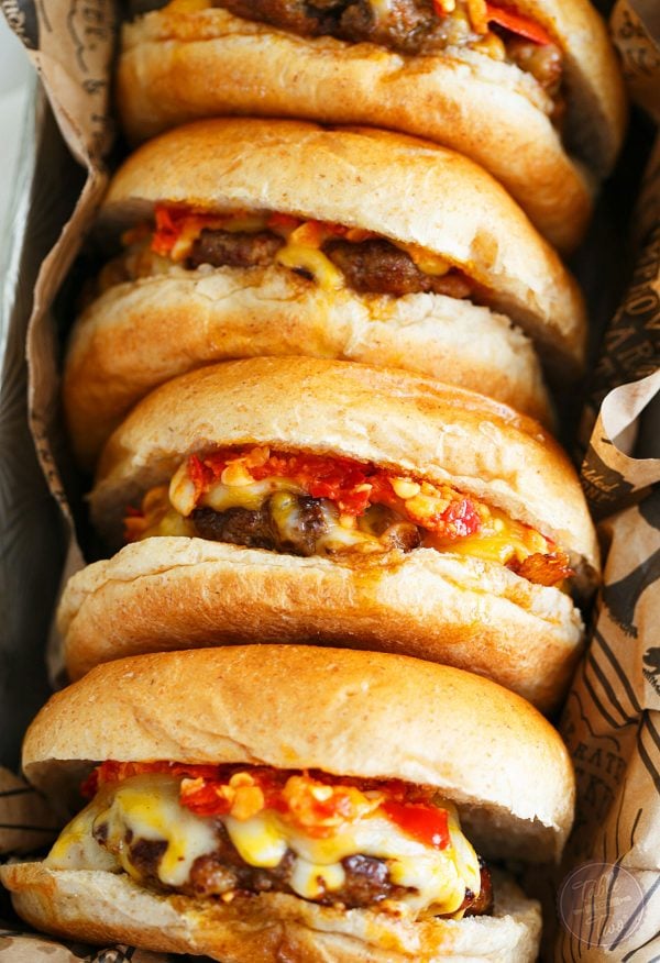 You're going to want to sink your teeth into these hot pepper garlic chorizo cheeseburgers!!