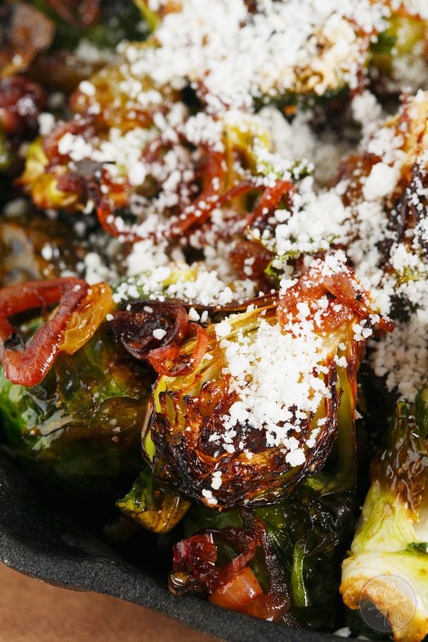 A new side dish for you to try! Roasted brussels sprouts tossed with caramelized shallots and golden raisins topped with salty cotija cheese. You will LOVE this new addition to your dinner table!