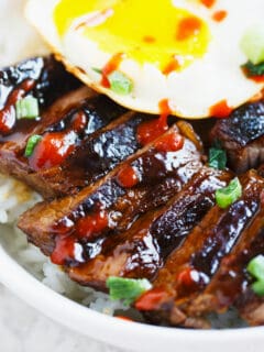 These Korean galbi bowls are so full of flavor after marinating them in a delicious sauce overnight! Build your Korean galbi bowl however you want with whatever you desire!