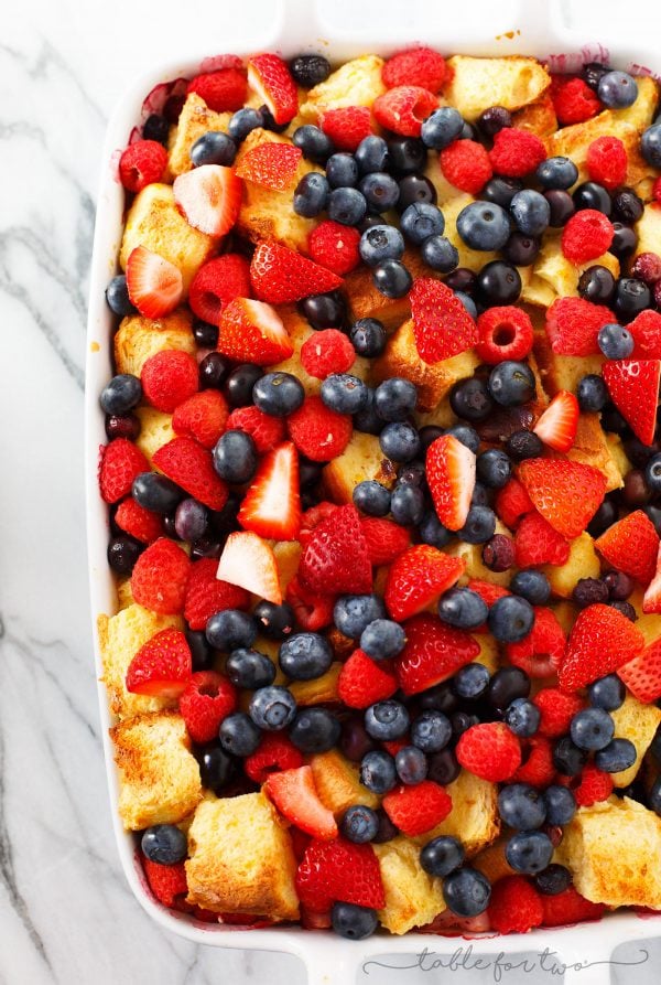 This triple berry brioche French toast bake is a breakfast or brunch dish that your overnight crew will love! Fresh berries are layered throughout the rich and buttery brioche bread. Your family and friends will love you!