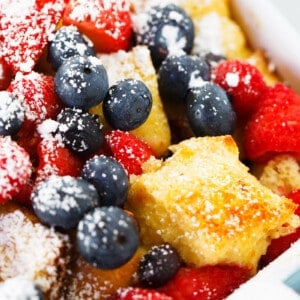 This triple berry brioche French toast bake is a breakfast or brunch dish that your overnight crew will love! Fresh berries are layered throughout the rich and buttery brioche bread. Your family and friends will love you!