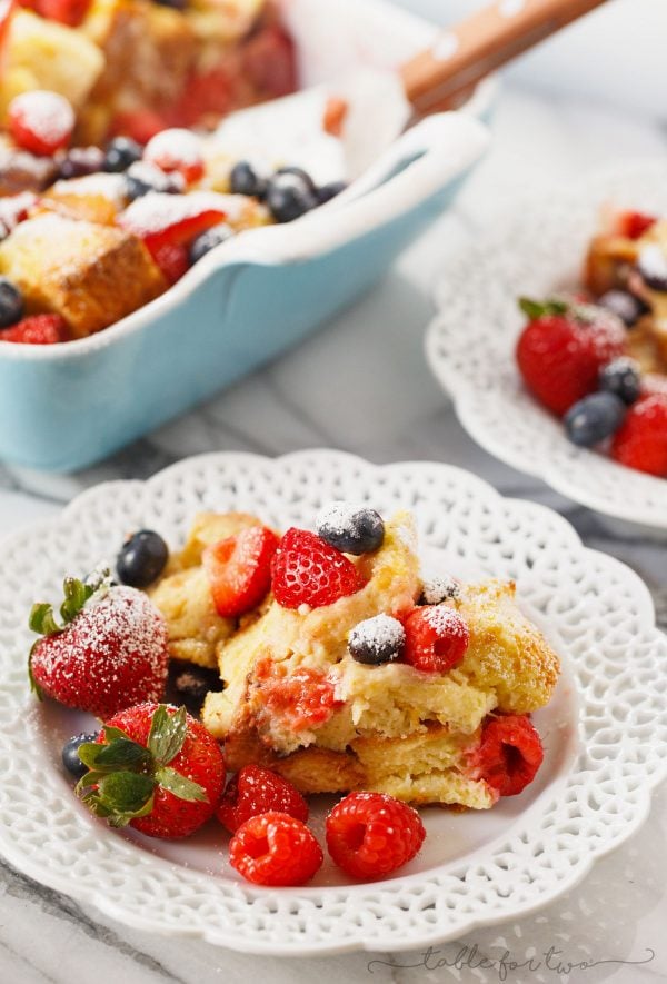 This triple berry brioche French toast bake is a breakfast or brunch dish that your overnight crew will love! Fresh berries are layered throughout the rich and buttery brioche bread. Your family and friends will love you!