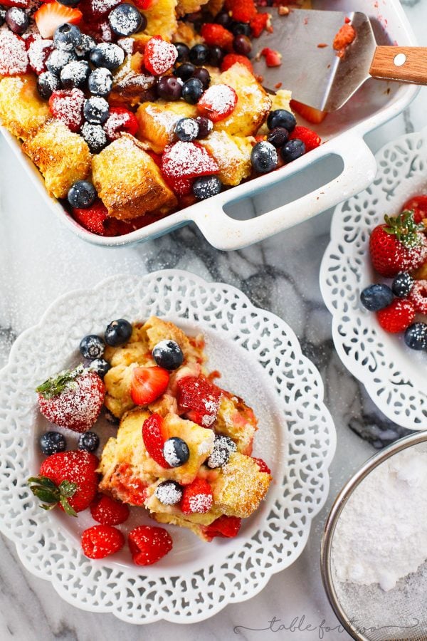 This triple berry brioche French toast bake is a breakfast or brunch dish that your overnight crew will love! Fresh berries are layered throughout the rich and buttery brioche bread. Your family and friends will love you!