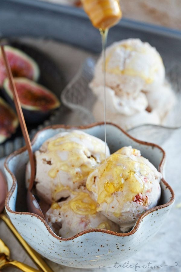 This fig and honey mascarpone ice cream is a beautiful pale pink with the most incredibly rich and creamy texture! The taste is out of this world and a great way to use your figs!