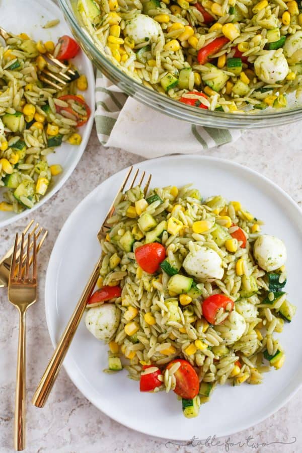 This end of summer pasta salad is a great way to use up the summer's finest ingredients (zucchini, corn, tomatoes, and basil) but realistically, it is great year-round! Easy to put together and it is great served chilled or warm!