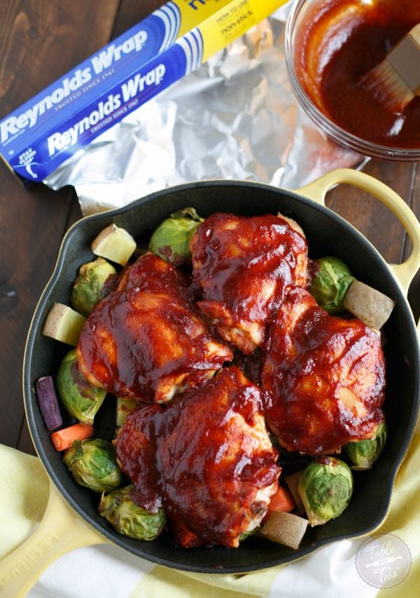 This easy one-skillet bbq chicken and vegetables dish is the perfect busy weeknight meal! One-skillet also means less dishes and we can all live with that!