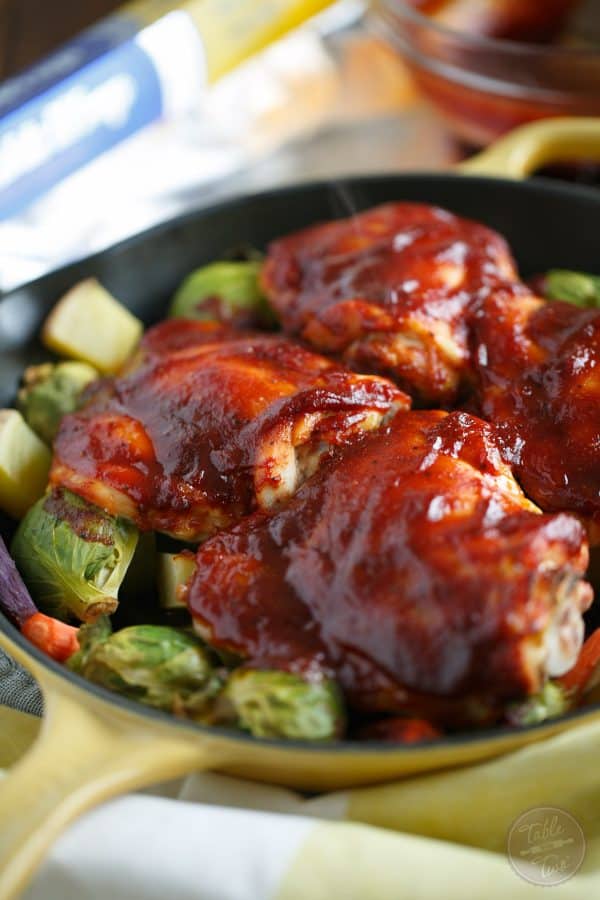 This easy one-skillet bbq chicken and vegetables dish is the perfect busy weeknight meal! One-skillet also means less dishes and we can all live with that!