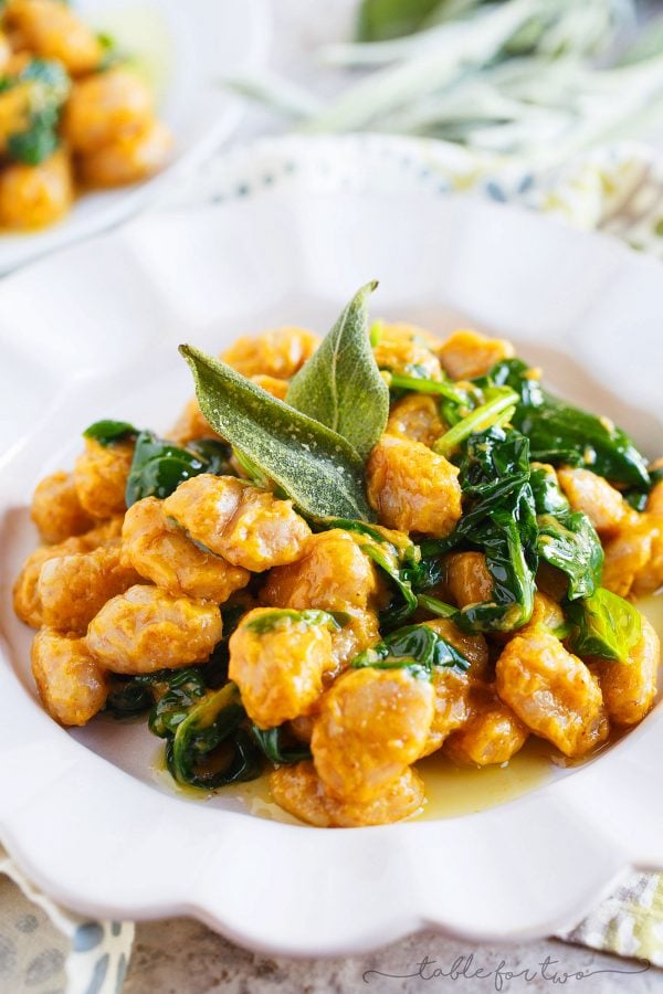 Whole wheat gnocchi with brown butter sage and pumpkin sauce is a deliciously creamy and nutty dish that is full of Fall flavors.